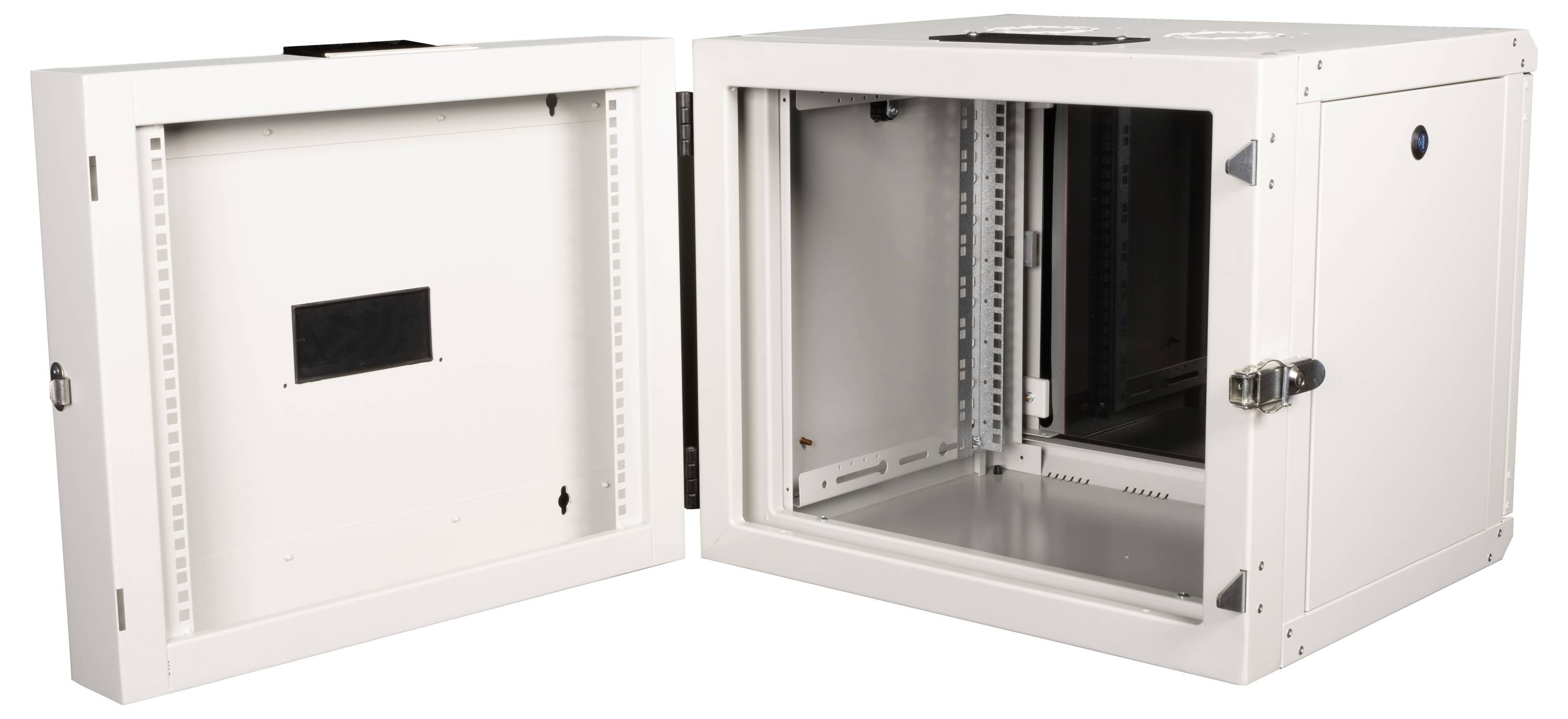 Rack server bianco a parete con porta aperta, che mostra lo spazio interno per l'installazione di hardware.