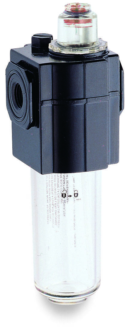 Un filtro dell'aria trasparente con involucro superiore nero. Adatto all'utilizzo in sistemi pneumatici per la purificazione dell'aria.