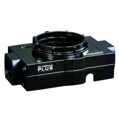 Un dispositivo meccanico nero con un raccordo superiore rotondo, etichettato come 'Olympian Plus'. Utilizzato per applicazioni industriali.