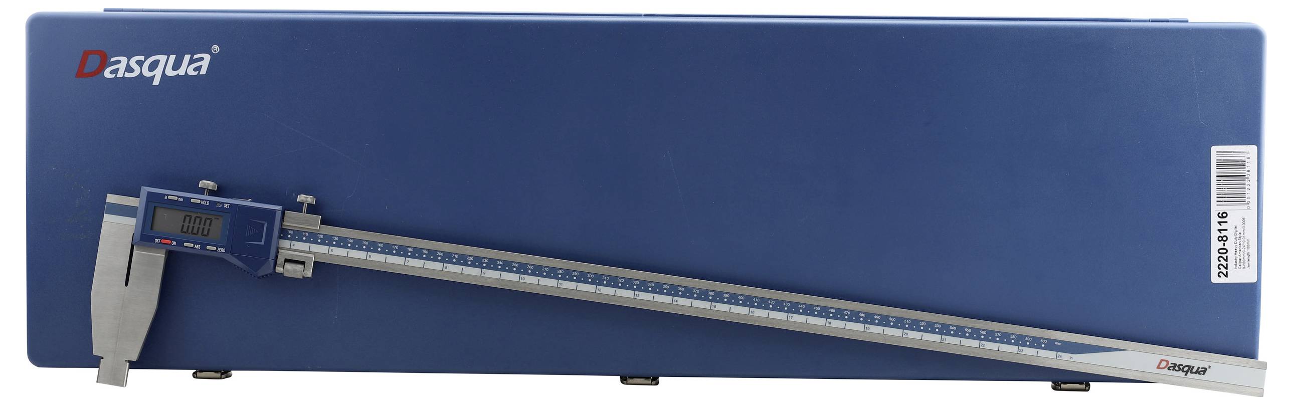 Un calibro digitale è posizionato su un astuccio blu. Il calibro mostra '0.00' sul display e misura in millimetri.