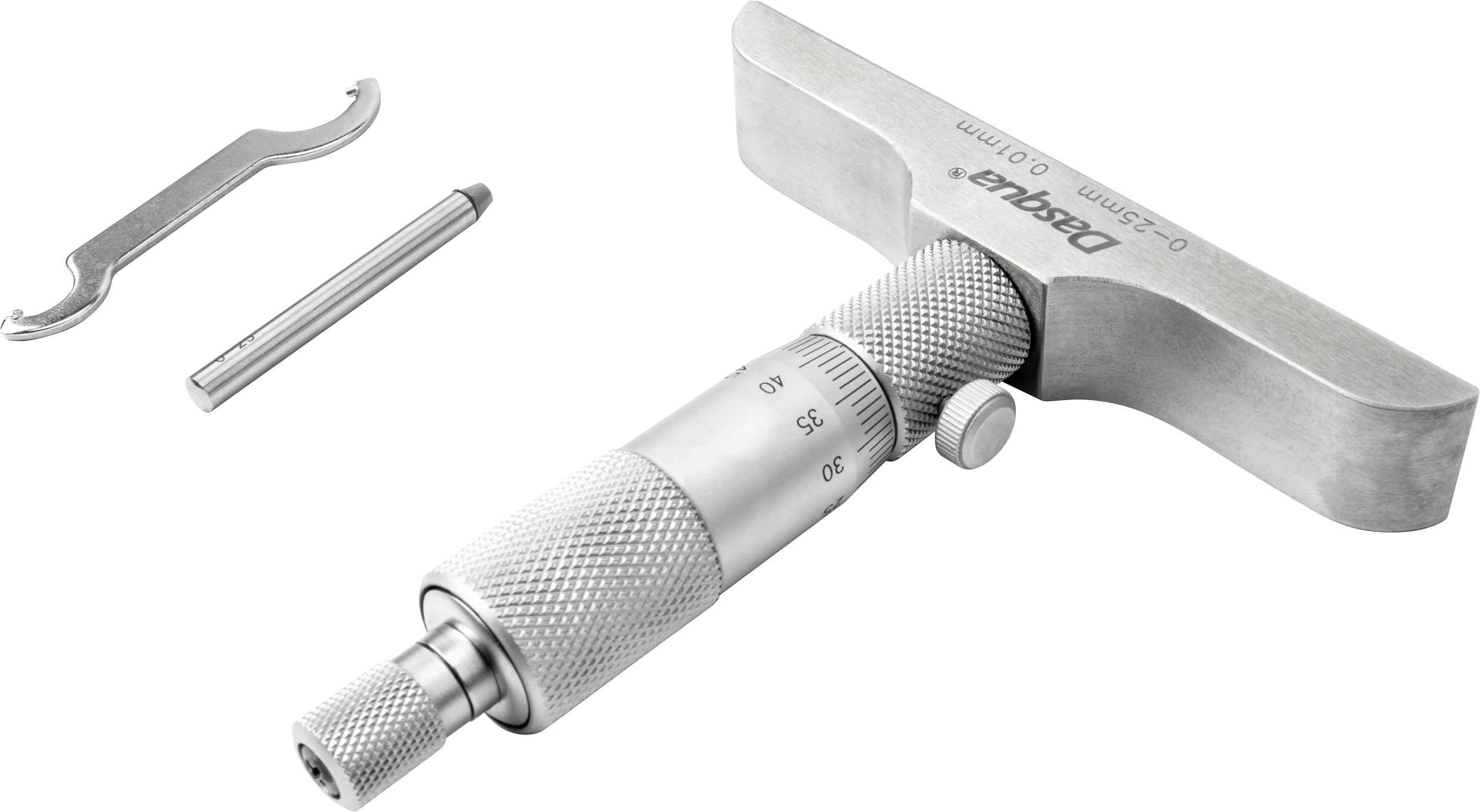 Un calibro micrometrico con impugnatura a T e scala, utilizzato per misurazioni precise di diametri interni. Include accessori.