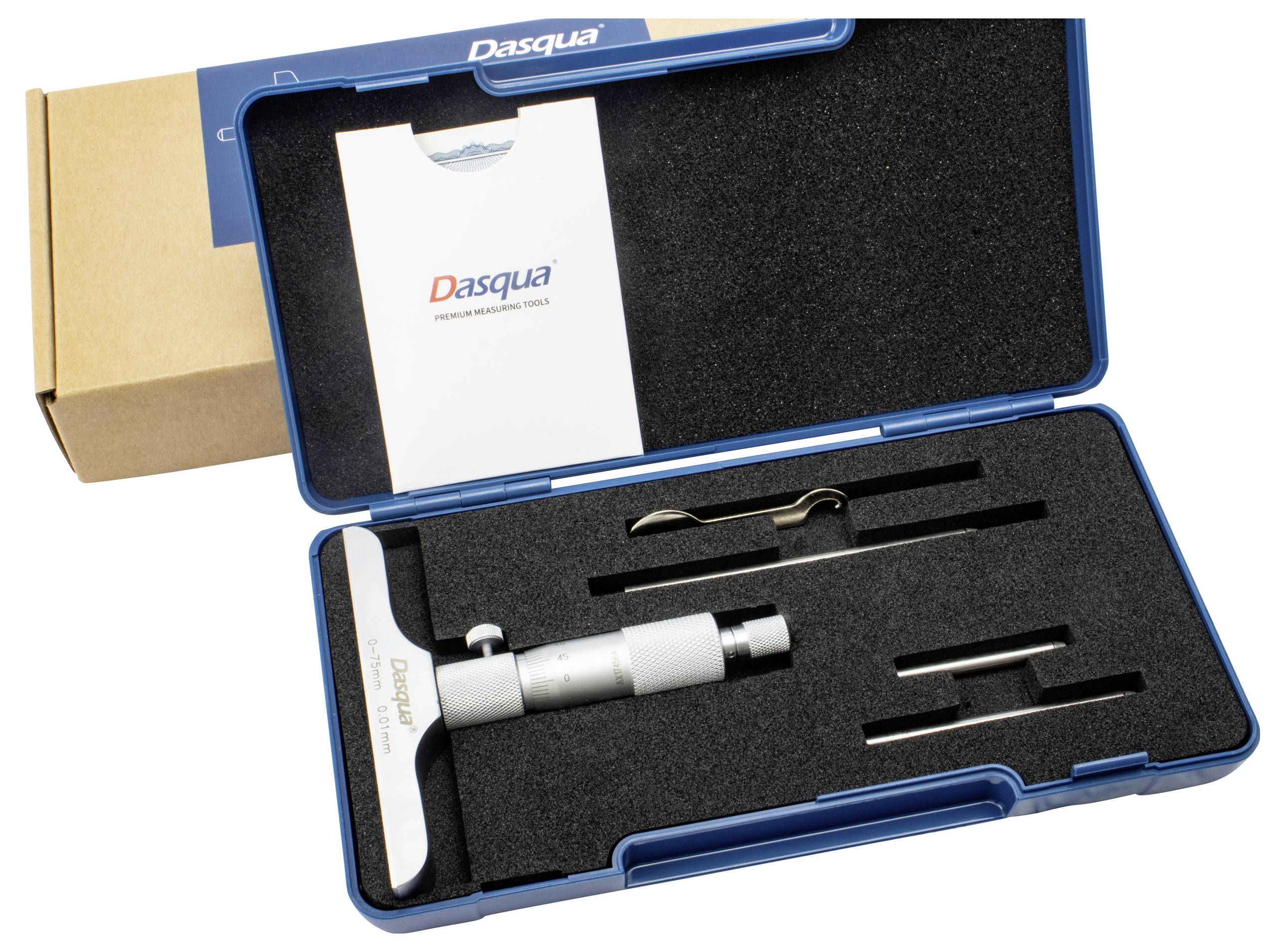 In un astuccio blu è contenuto uno strumento di misurazione con display della scala. Accanto si trovano un manuale e componenti accessori.