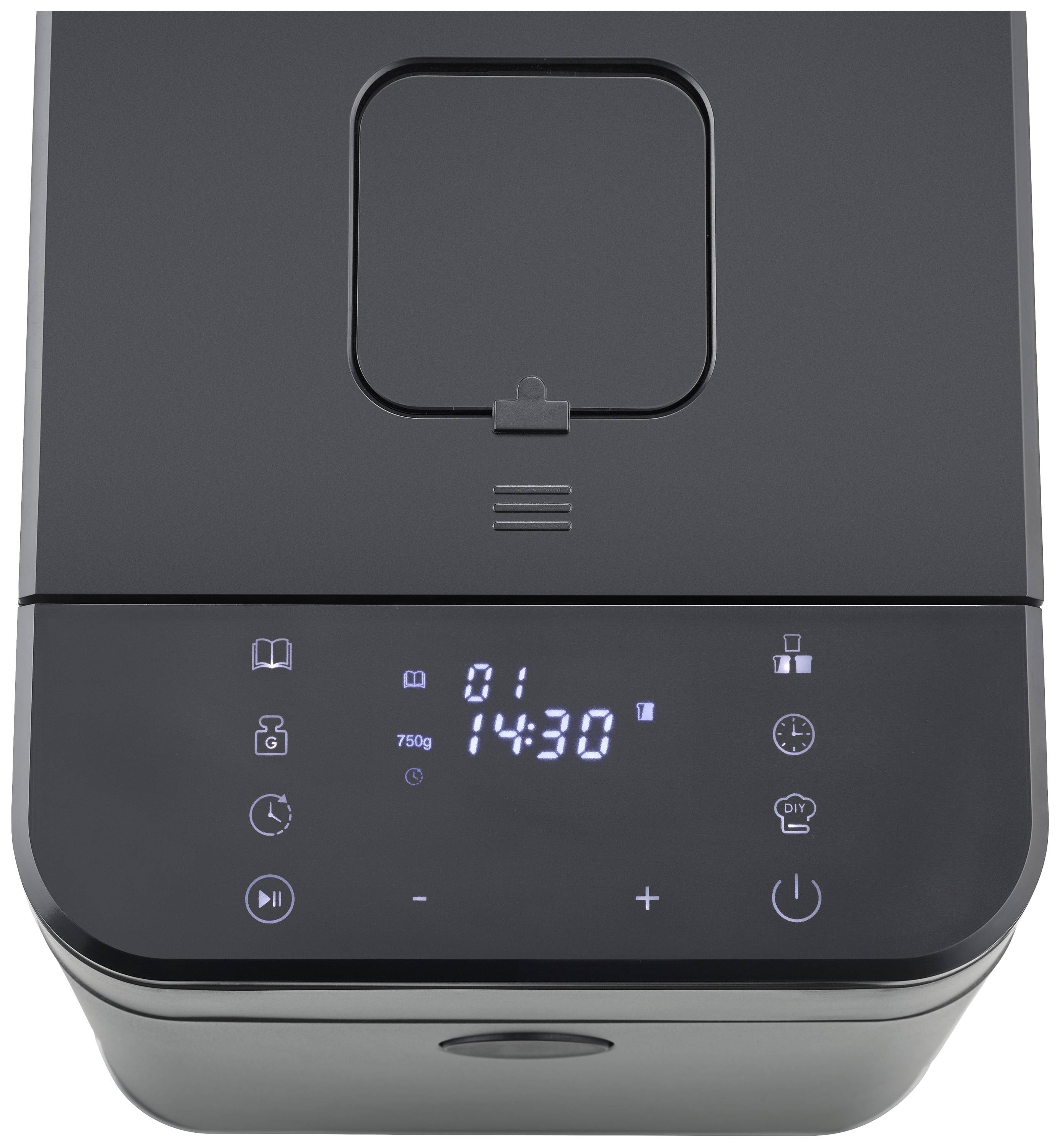 Elettrodomestico nero da cucina con display digitale che mostra '14:30'. Simboli per funzioni sotto, come orologio, menu, avvio/stop.