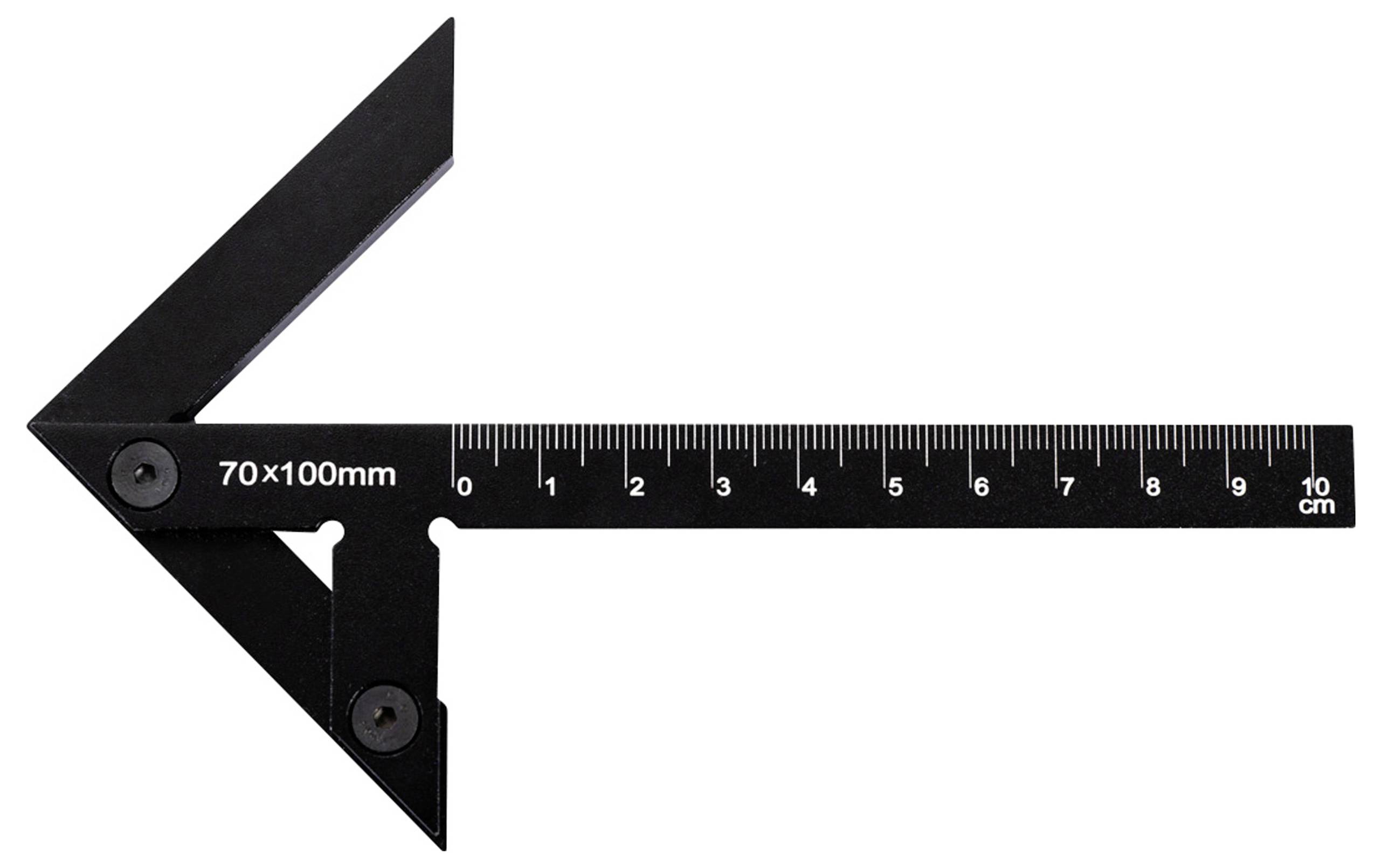 'Squadra metallica nera con righello da 0 a 10 cm, dotata di due viti, dimensioni 70x100 mm.'