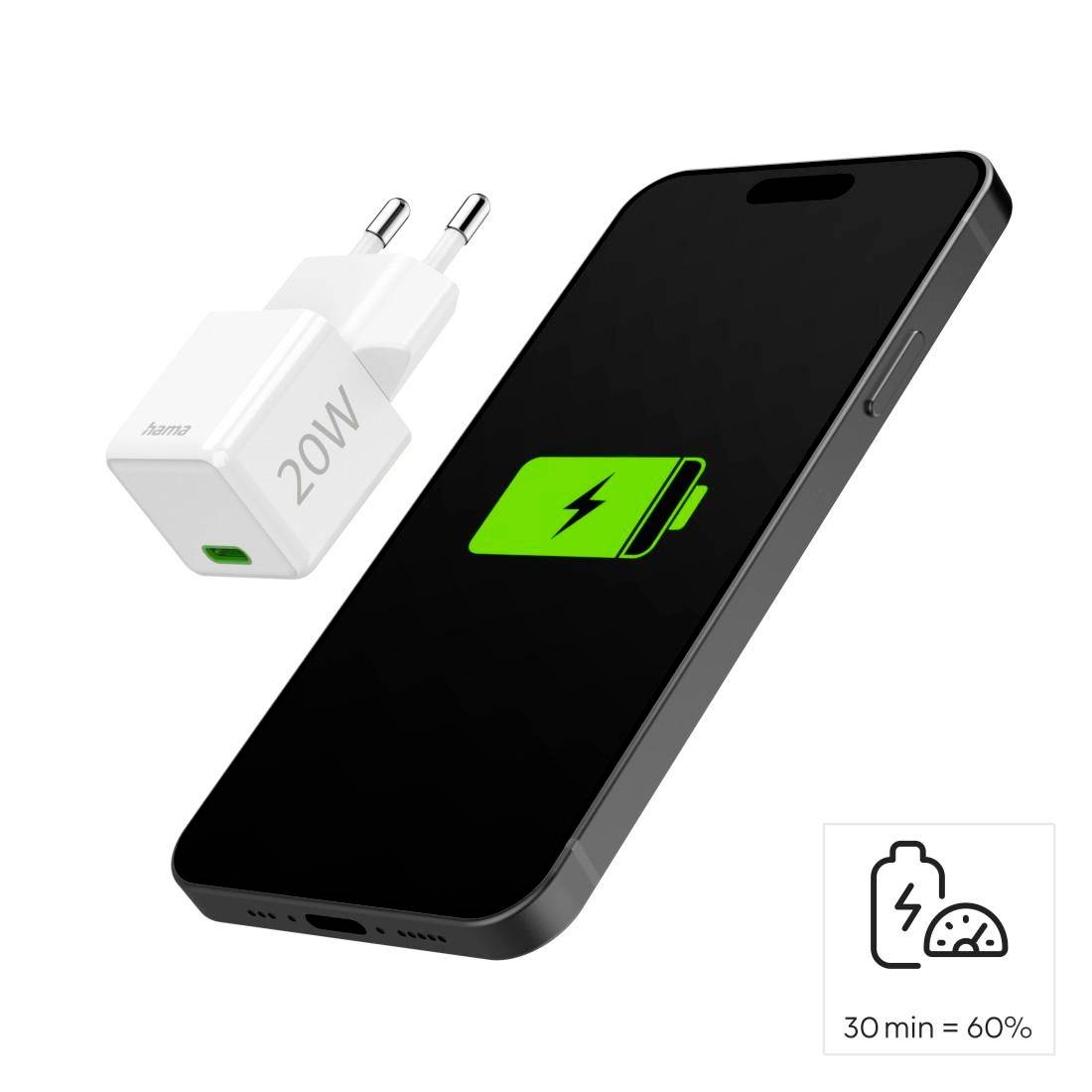 Smartphone con schermo di ricarica e caricabatterie da 20W, mostra la ricarica veloce: 30 min = 60%.