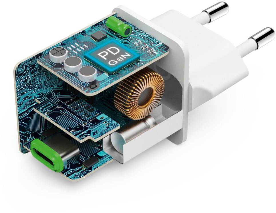 Sezione trasversale di un caricabatterie USB-C con elettronica visibile, inclusa la scritta 'PD GaN' e una bobina.