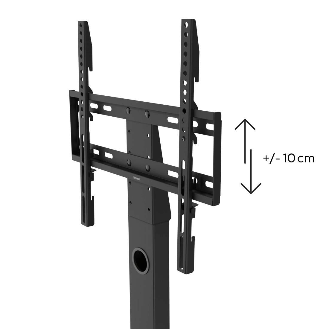 Supporto TV regolabile in altezza di +/- 10 cm, montabile a parete o su supporto, in metallo nero robusto.