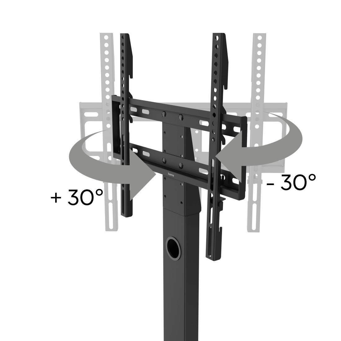Supporto TV regolabile nell'immagine, mostra la funzione di inclinazione da +30 a -30 gradi. Le frecce dimostrano l'intervallo di movimento.