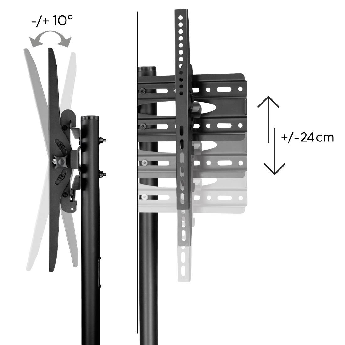 Supporto da tavolo per schermo piatto con inclinazione laterale di +/-10° e regolazione dell'altezza di +/-24 cm tramite un piedistallo.