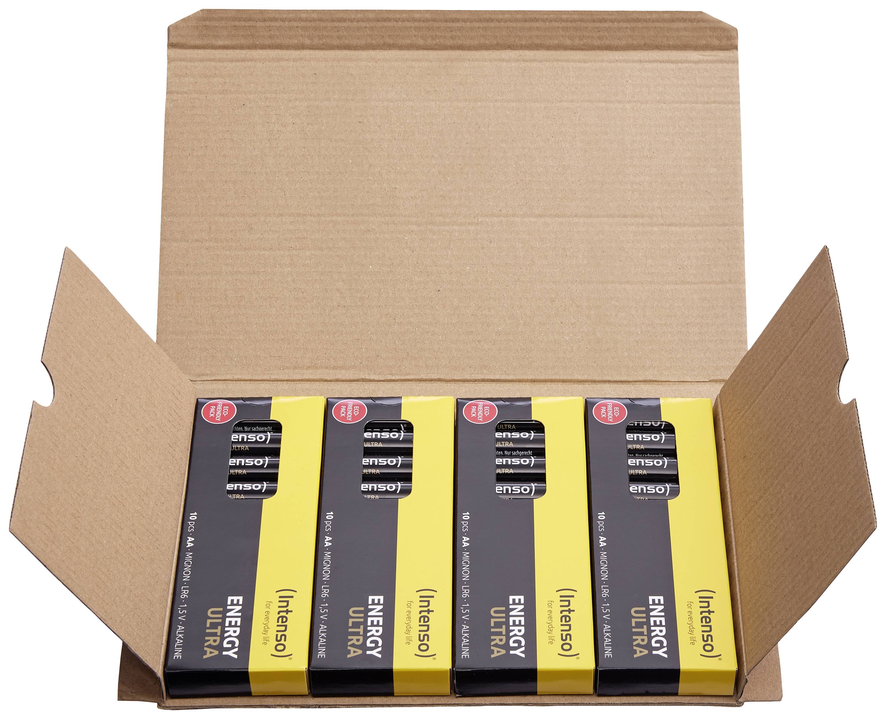 Scatola di cartone aperta contenente dieci batterie AA, disposte in due file da cinque, chiaramente visibili. Ogni batteria è etichettata con la scritta 'Energy Ultra'.