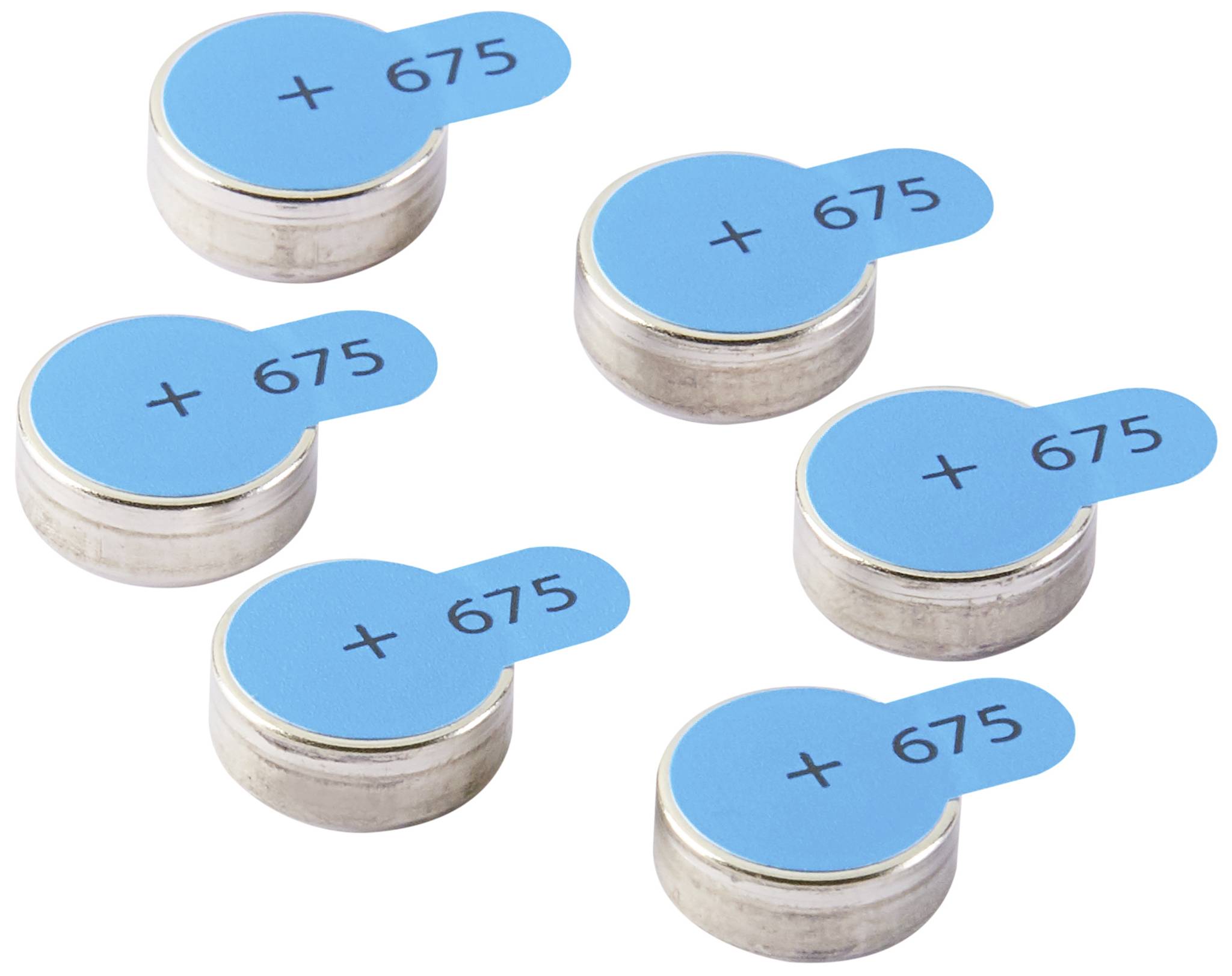 Sei batterie a bottone d'argento con etichetta blu recante la scritta "+ 675".