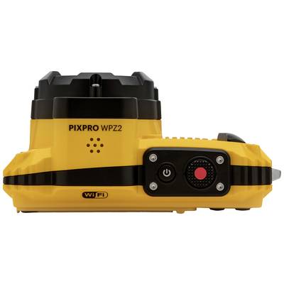 Una fotocamera gialla con la scritta 'PIXPRO WPZ2' e 'WiFi' sul davanti, con un obiettivo nero e pulsanti di controllo.
