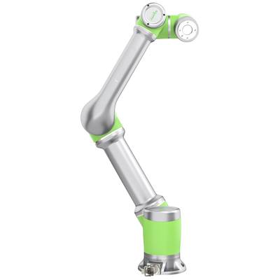 Un braccio robotico verde e argento con tre giunture, adatto ad applicazioni industriali o movimenti precisi nell'automazione.