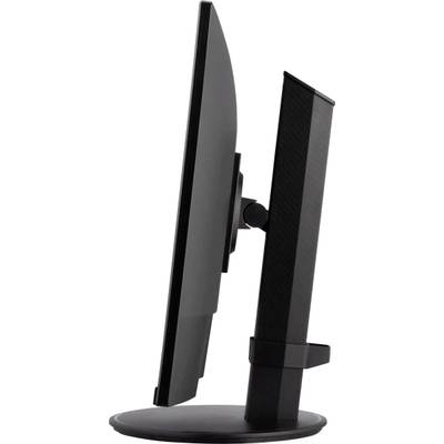 'Vista laterale di un monitor nero per computer con base rotonda e angolazione regolabile. Cornice moderna e sottile.'