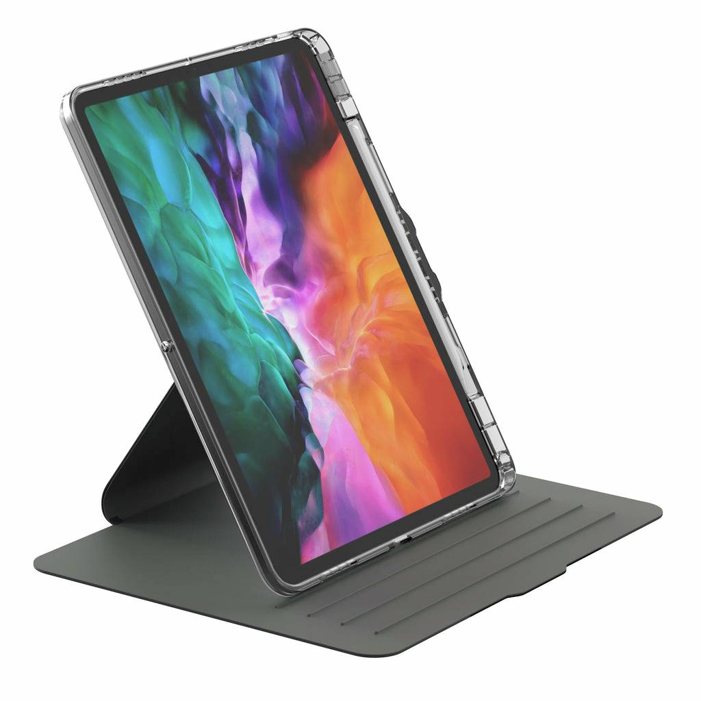 Un tablet in un supporto, posizionato in modo inclinato. Lo schermo mostra un motivo astratto e colorato.