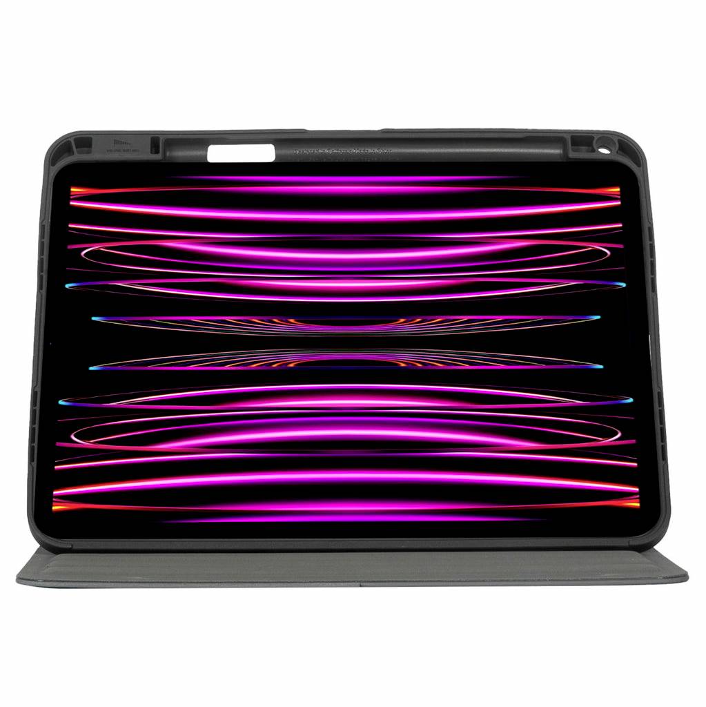Un tablet con un pattern astratto e luminoso sullo schermo in tonalità di rosa e viola, su uno sfondo nero.