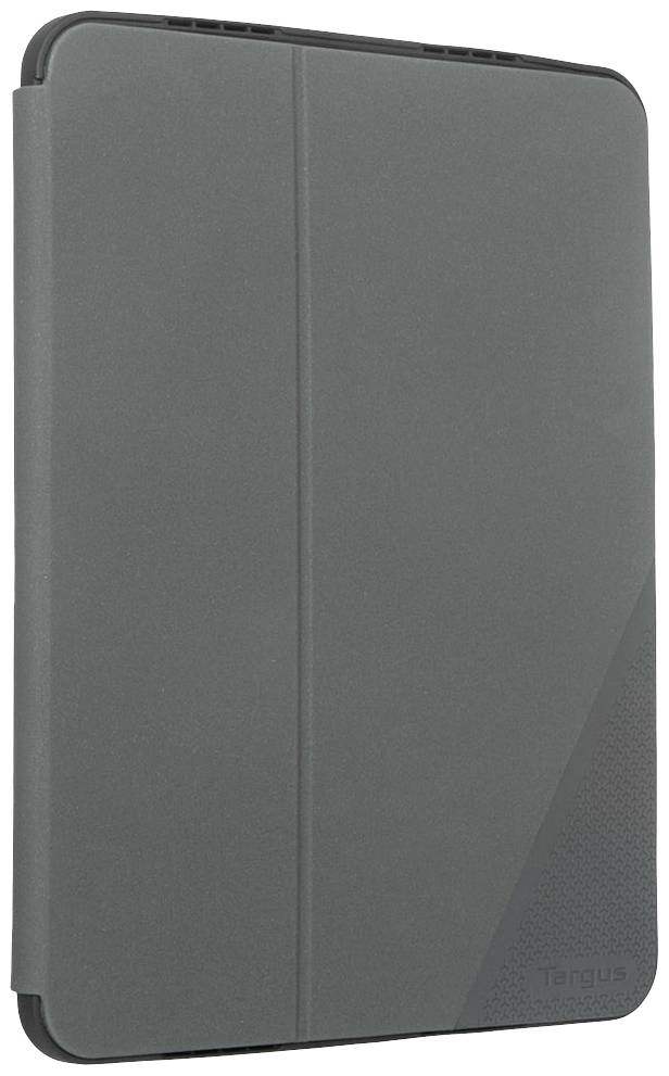 Un involucro protettivo chiuso, grigio, per un tablet, in posizione verticale, con un design essenziale e una texture minimale.