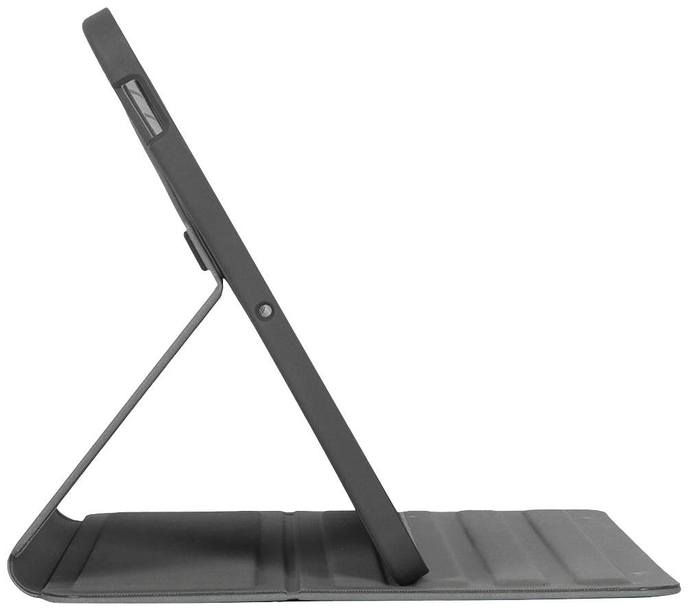Una custodia grigia per tablet, parzialmente aperta in una modalità da supporto, che mostra la vista laterale del dispositivo.