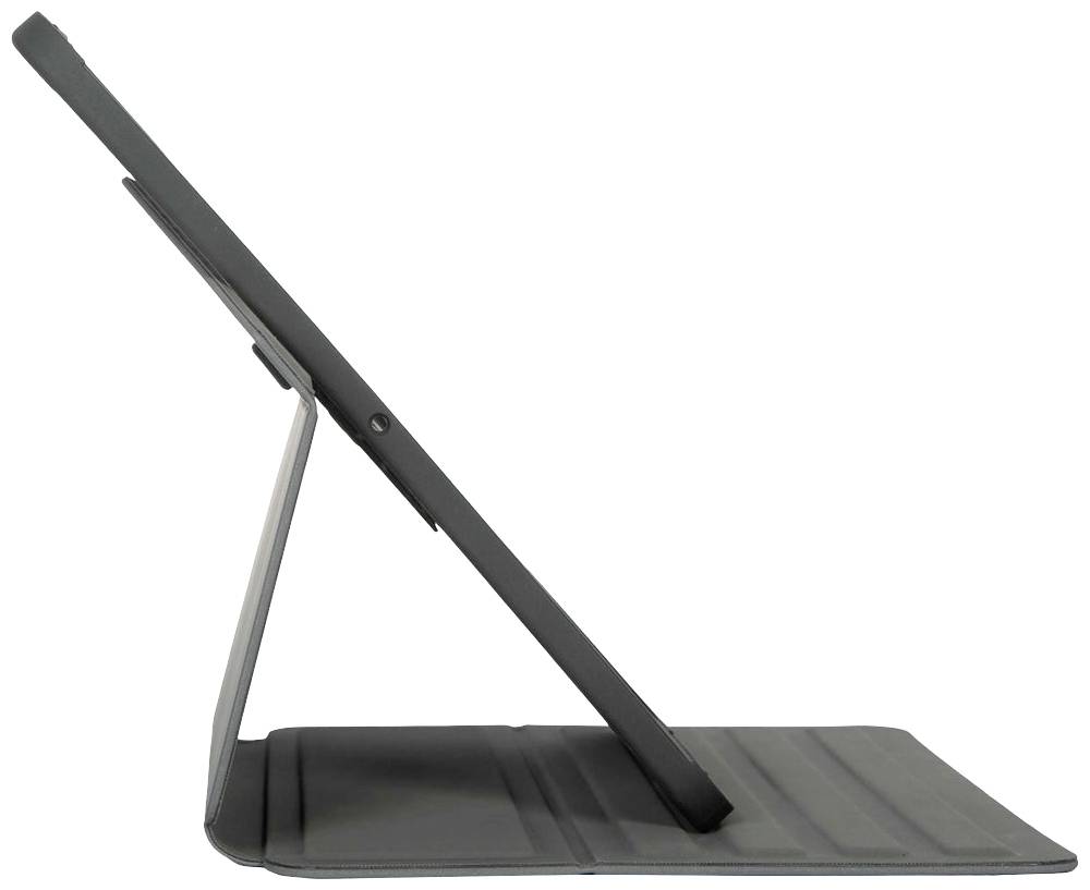 'Vista laterale di un tablet in un supporto pieghevole che mantiene il dispositivo in un angolo verticale.'