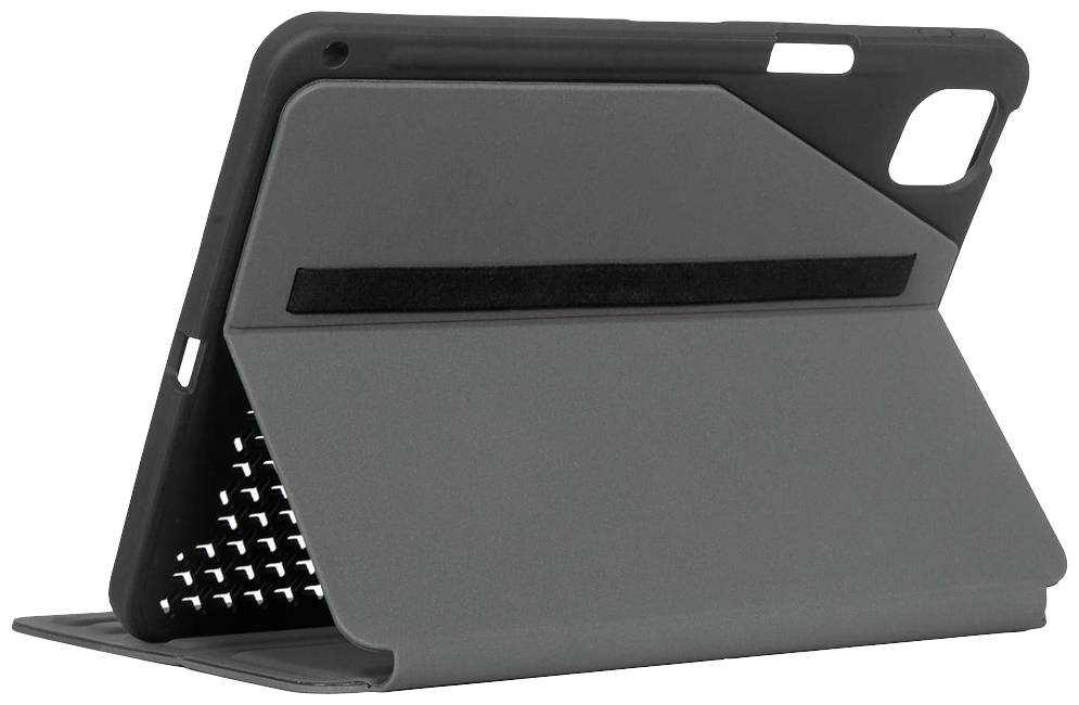 Custodia grigia per tablet con design rinforzato a gradini, parzialmente aperta. Offre protezione e consente diverse posizioni di visualizzazione.