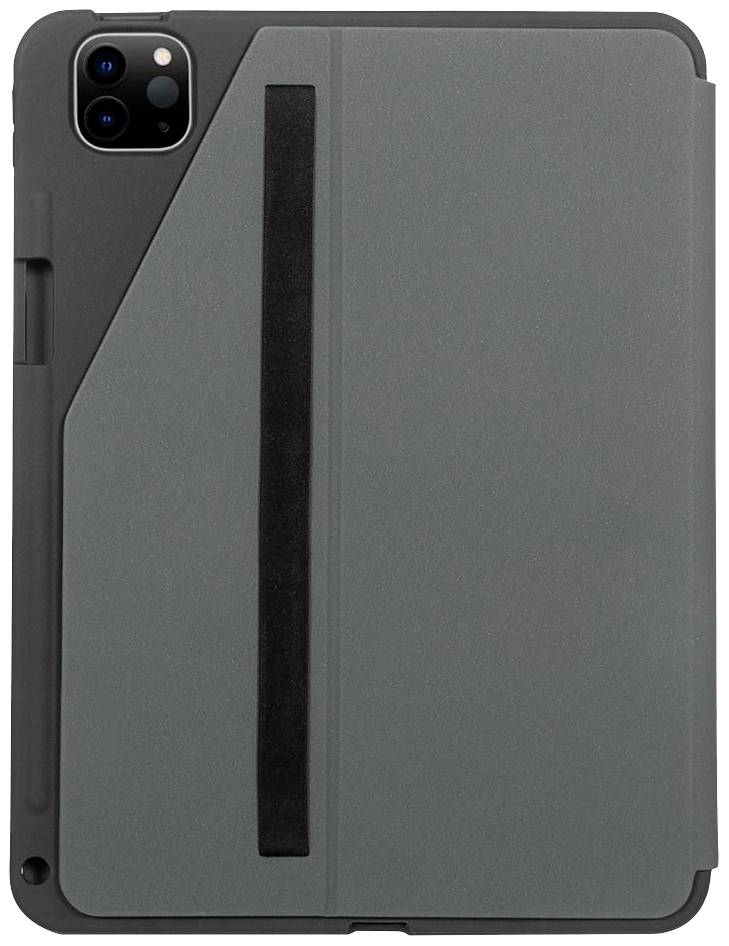 Una custodia nera per tablet con un coperchio grigio. Ha un supporto verticale sul lato sinistro e un'apertura per la fotocamera in alto a sinistra.