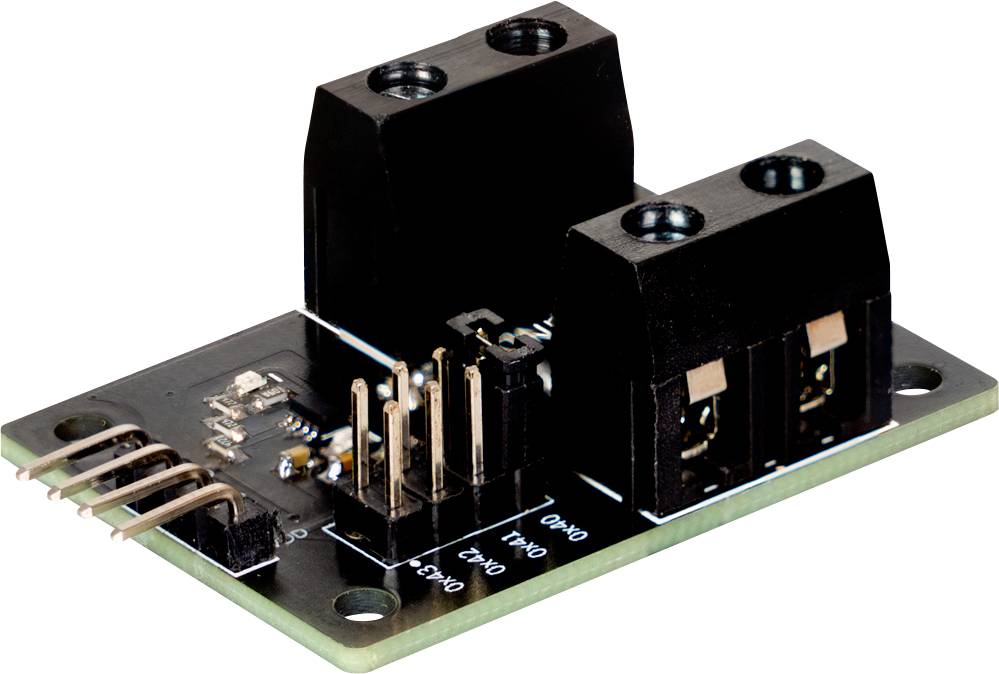 Un modulo elettronico nero con diversi pin di connessione e due connettori neri, montato su un circuito stampato.