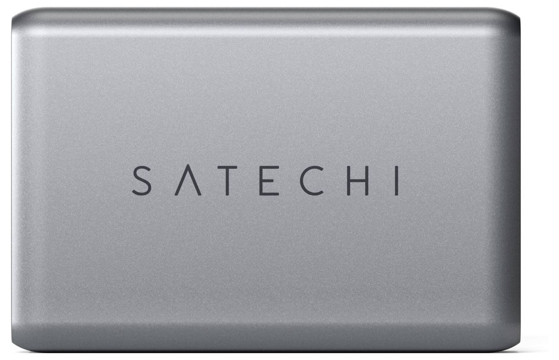 Dispositivo elettronico grigio rettangolare con la scritta 'SATECHI' sulla superficie.