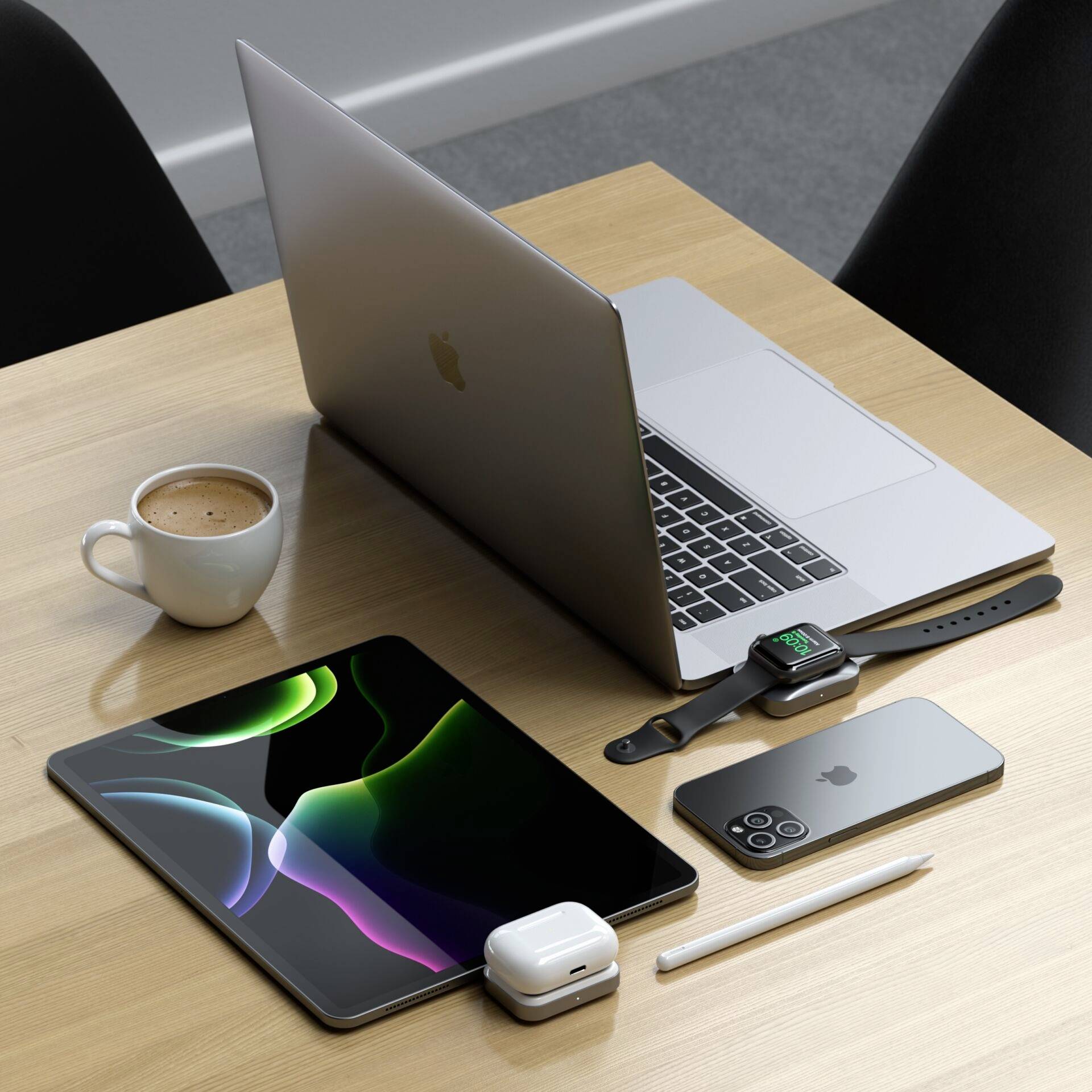 Laptop, smartphone, tablet e smartwatch su un tavolo con una tazza di caffè. Tutti i dispositivi mostrano tecnologia moderna in un ambiente di lavoro.