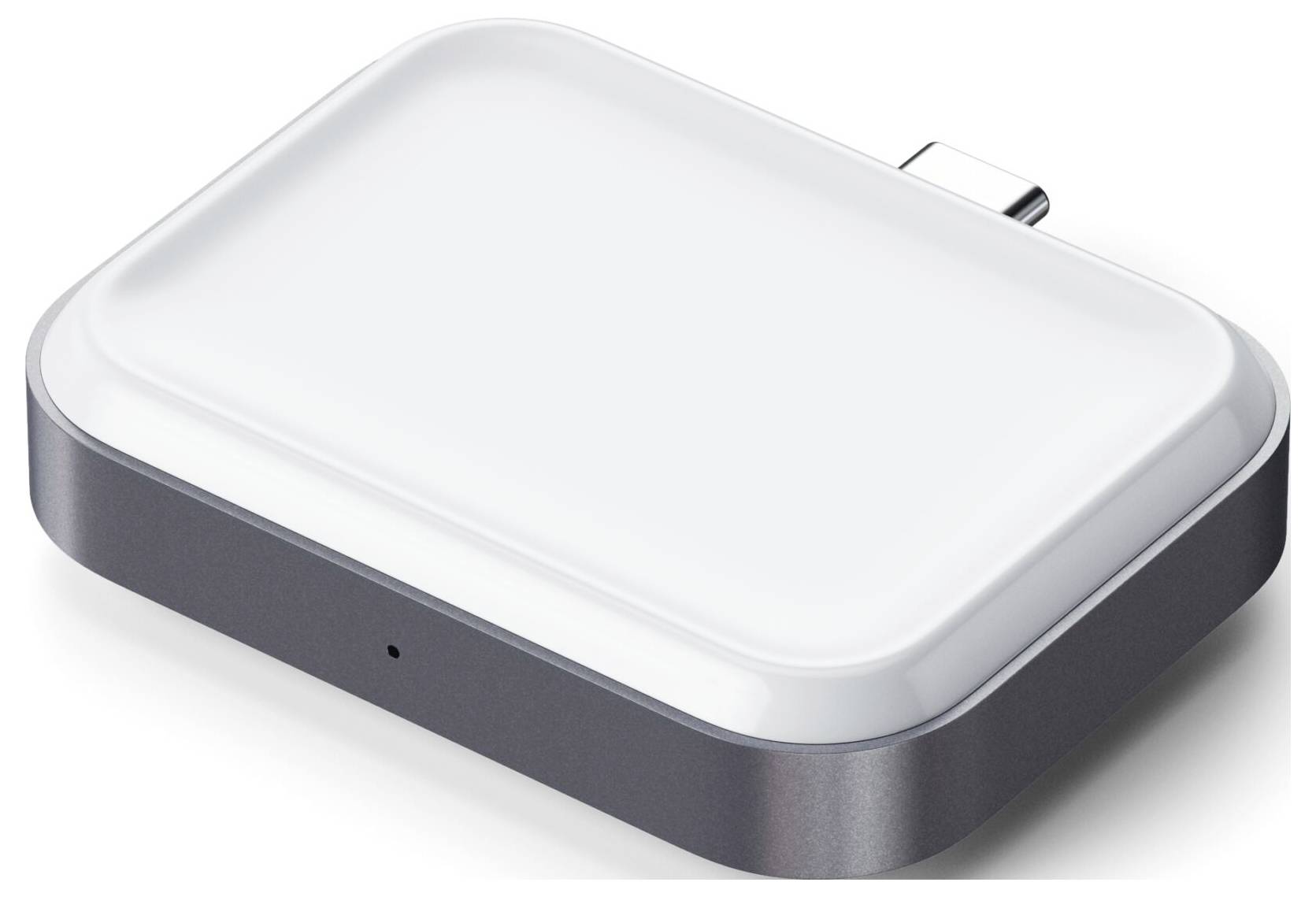 Un caricabatterie wireless rettangolare, piatto, bianco con angoli arrotondati e una porta USB-C sulla parte superiore.