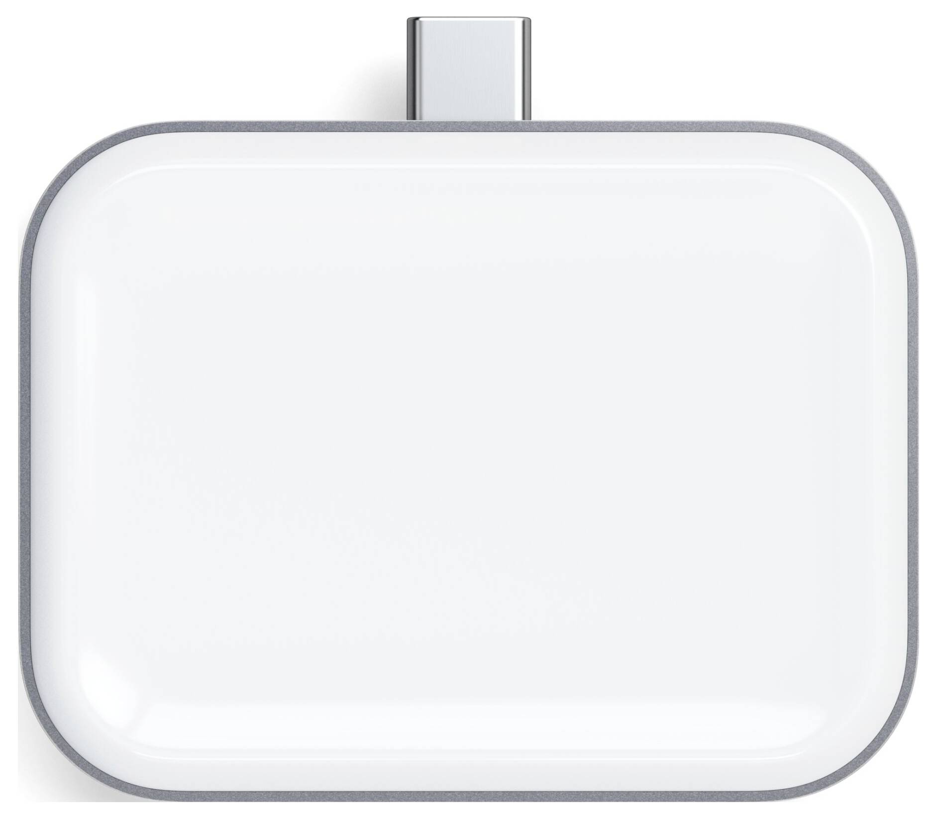 Un caricabatterie bianco, rettangolare con angoli arrotondati e una porta USB-C sulla parte superiore.