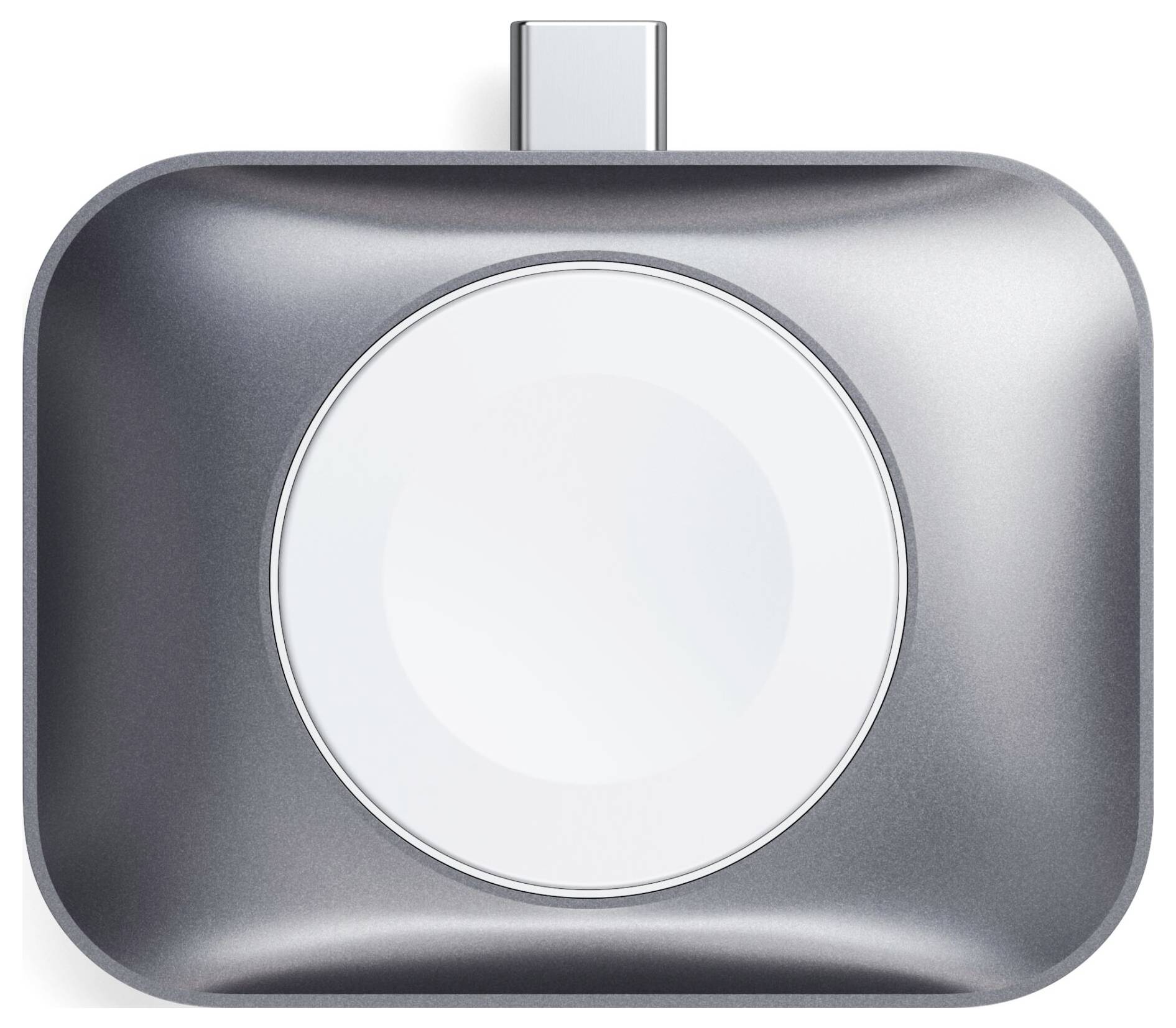 Caricabatterie portatile con porta USB-C e superficie di ricarica circolare, adatto per dispositivi mobili.