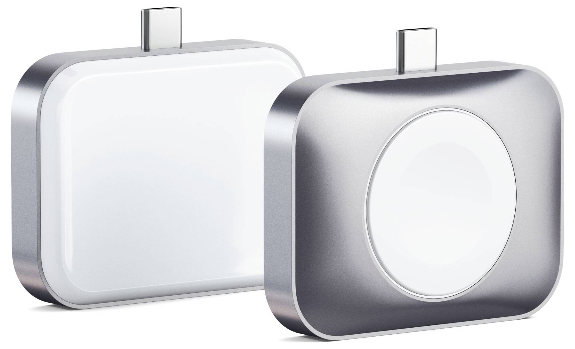Due caricabatterie rettangolari con superficie argentata lucida e connettori magnetici rotondi, adatti per la ricarica wireless.