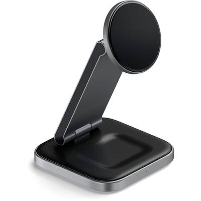 Un supporto per cellulare nero e moderno con pad magnetico rotondo e base rettangolare sopra una scrivania.