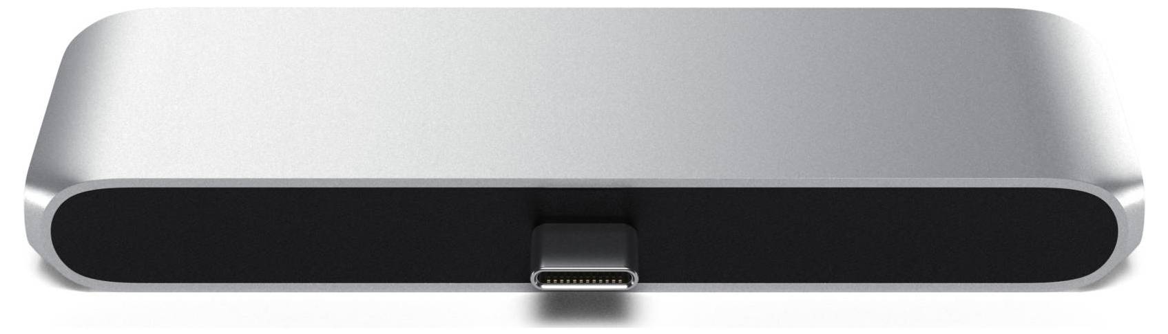Un dock USB-C argentato, rettangolare con angoli arrotondati, per l'espansione delle possibilità di connessione di un computer.
