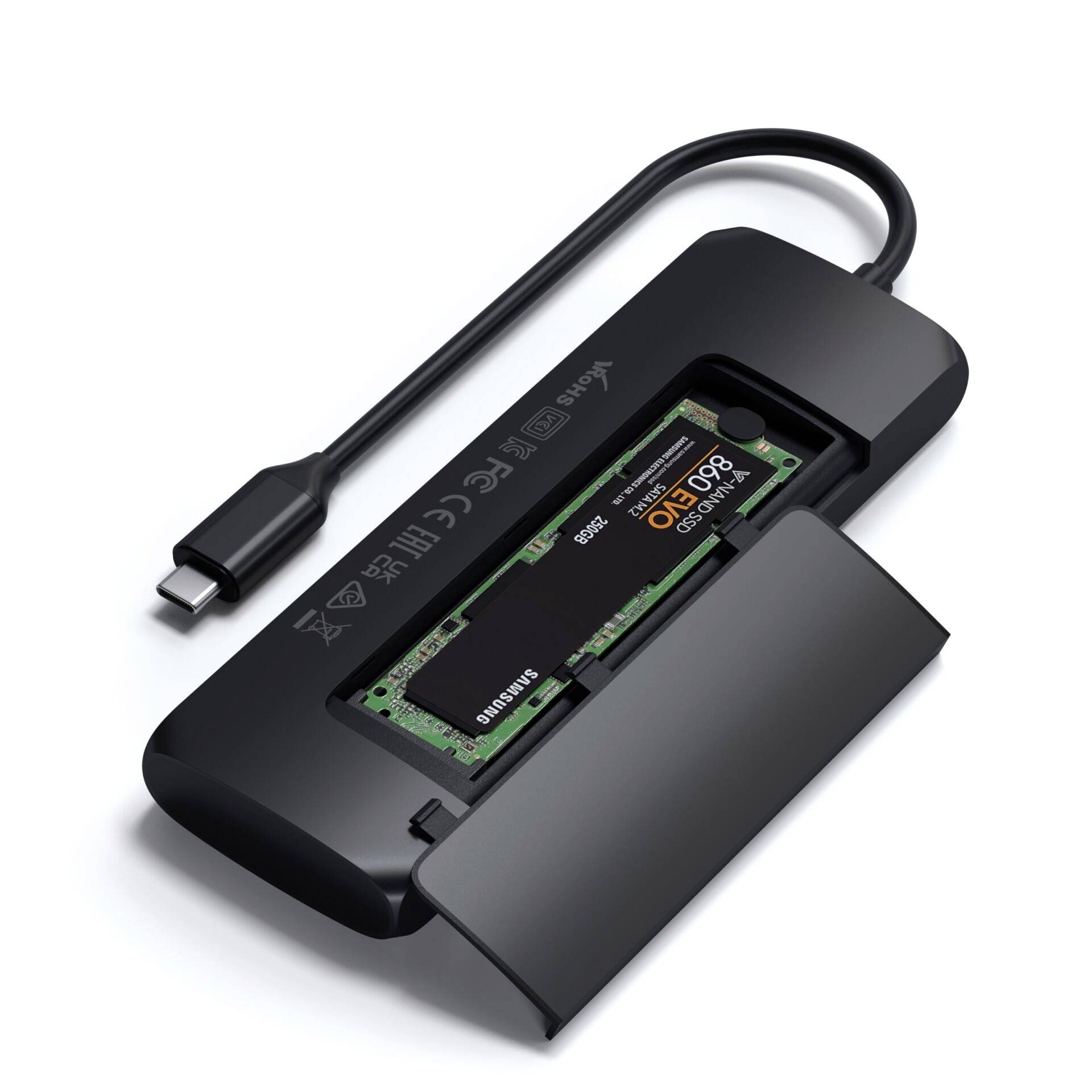 Custodia esterna per hard disk USB-C con coperchio aperto, che mostra un SSD NVMe inserito.