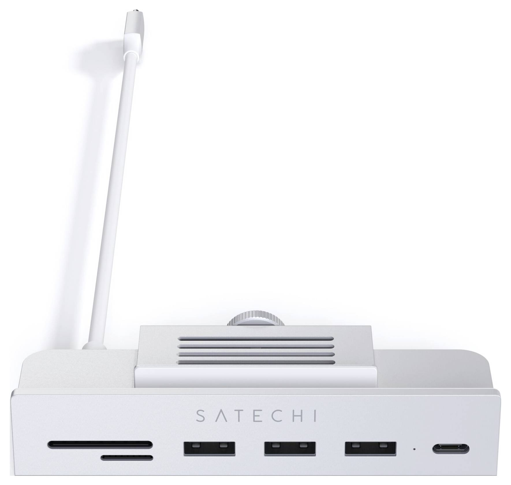 Un supporto dock USB-C bianco con multiple porte, compresi slot USB e per schede, nonché un supporto regolabile per tablet.
