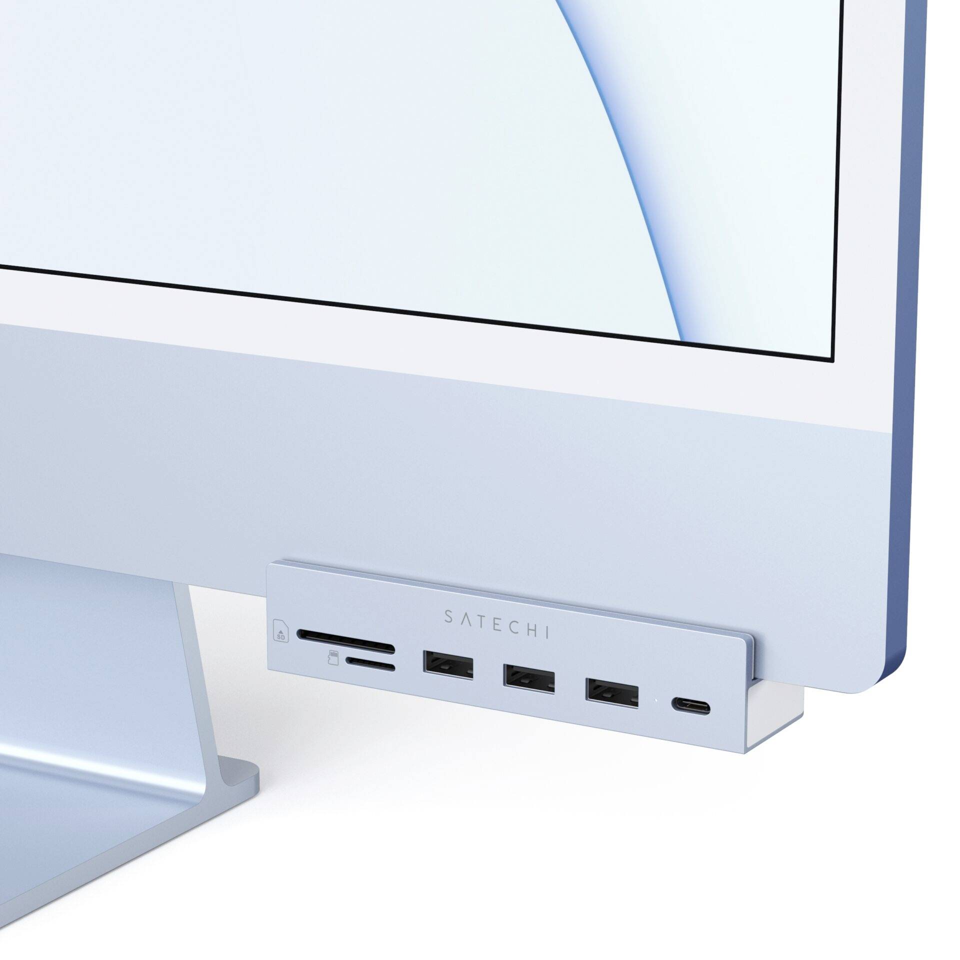 Una parte di uno schermo di computer blu con porte USB collegate e un supporto sottile e moderno su uno sfondo bianco.