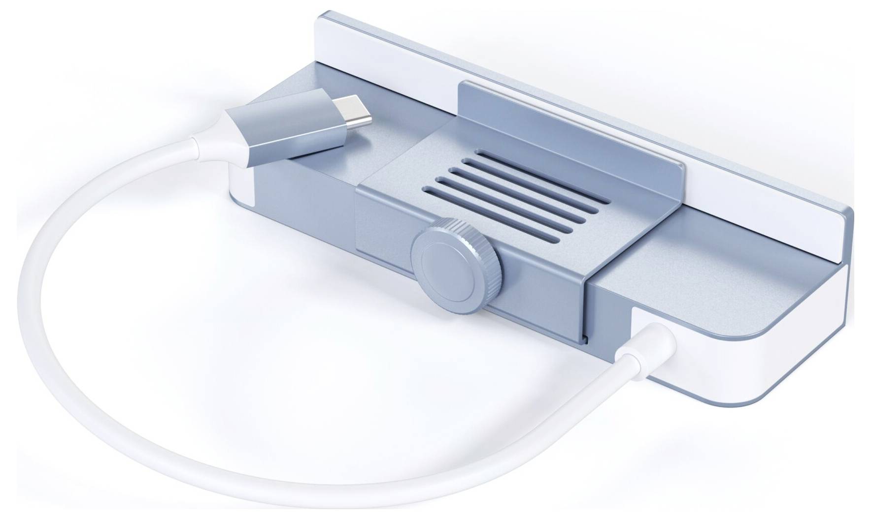 Stazione di aggancio per bordi del tavolo blu e bianca con cavo integrato e supporto a gancio, mantiene i cavi organizzati e facilmente accessibili.