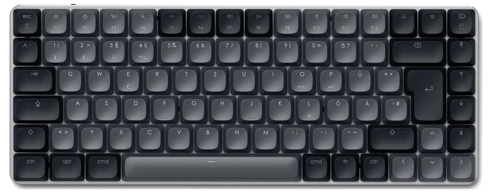 Tastiera compatta nera con retroilluminazione, senza tastierino numerico. I tasti sono disposti secondo il layout QWERTZ.