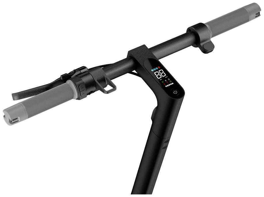 Scooter elettrico con manubrio nero, display digitale e indicatore di velocità.