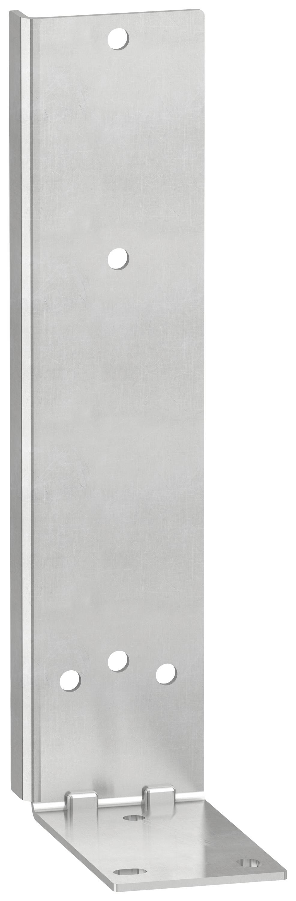 Angolare metallico con più fori per viti, utilizzato per rinforzare o collegare componenti in strutture edili.