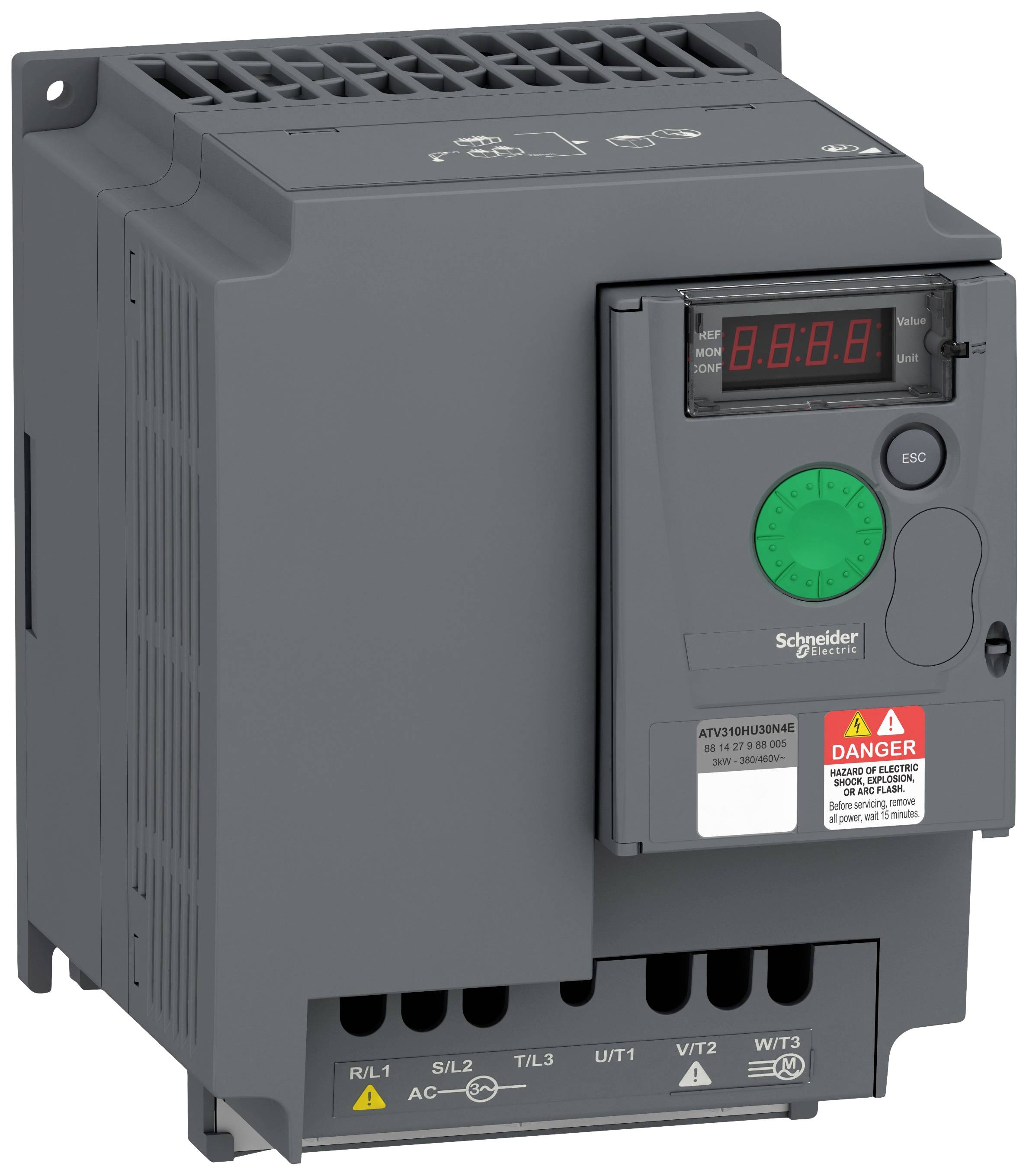 Un convertitore di frequenza Schneider Electric grigio con una manopola verde di regolazione e un display digitale che mostra zero. Adesivo di avvertenza sulla parte anteriore.