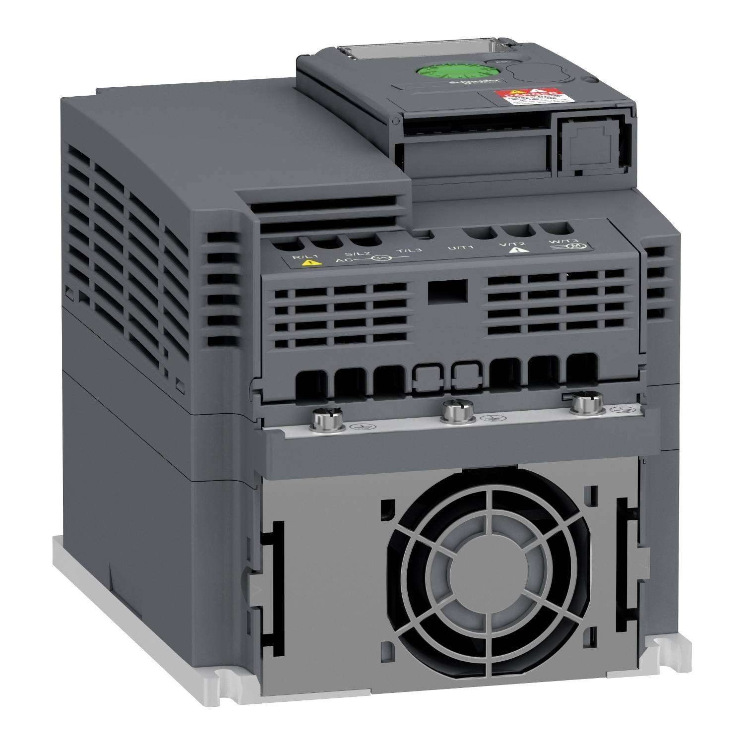 Un dispositivo elettrico grigio, probabilmente un convertitore di frequenza, con ventola in basso e elemento di controllo in alto, su sfondo bianco.