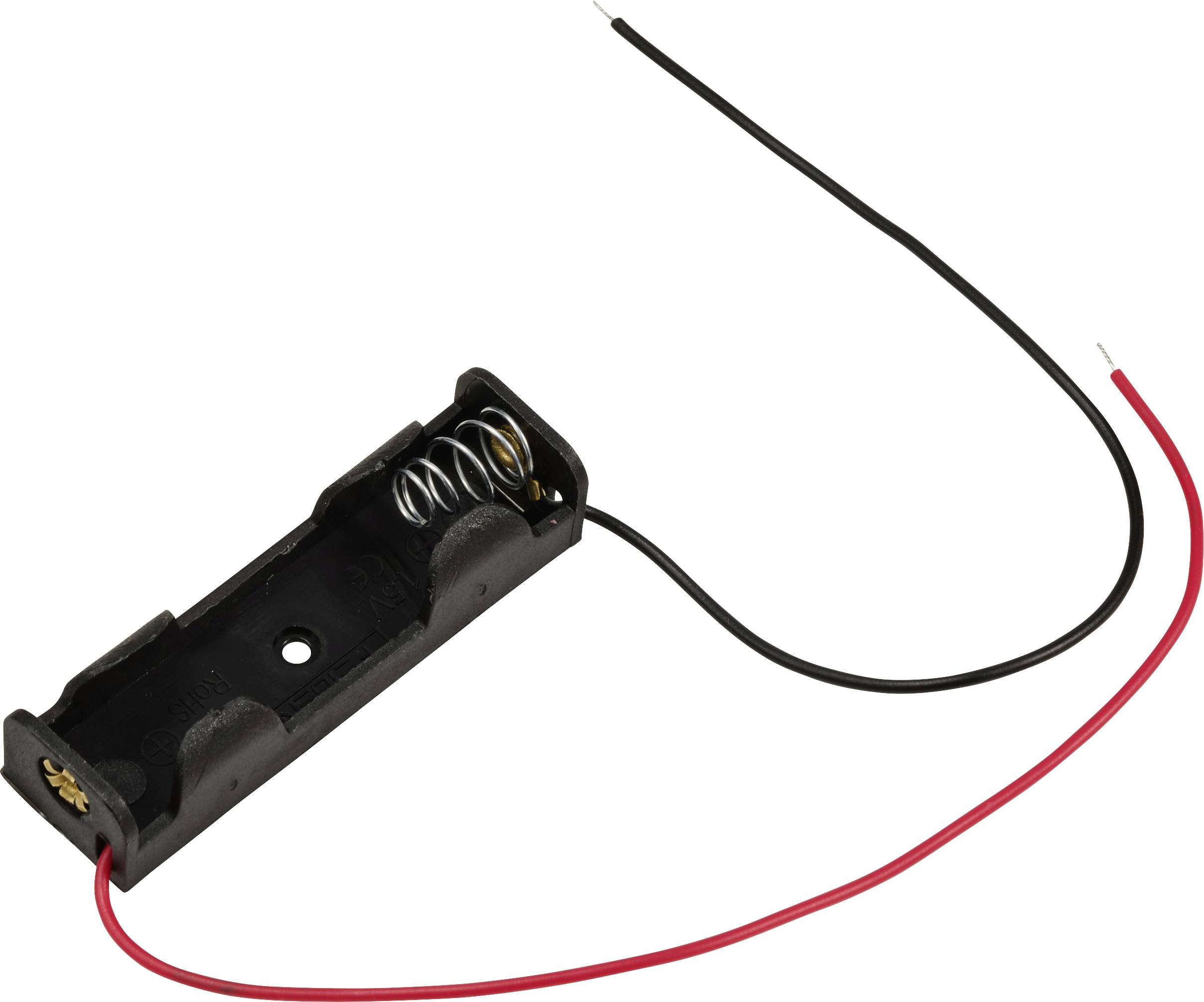 Portabatterie in plastica con due fili, uno rosso e uno nero, per il cablaggio.
