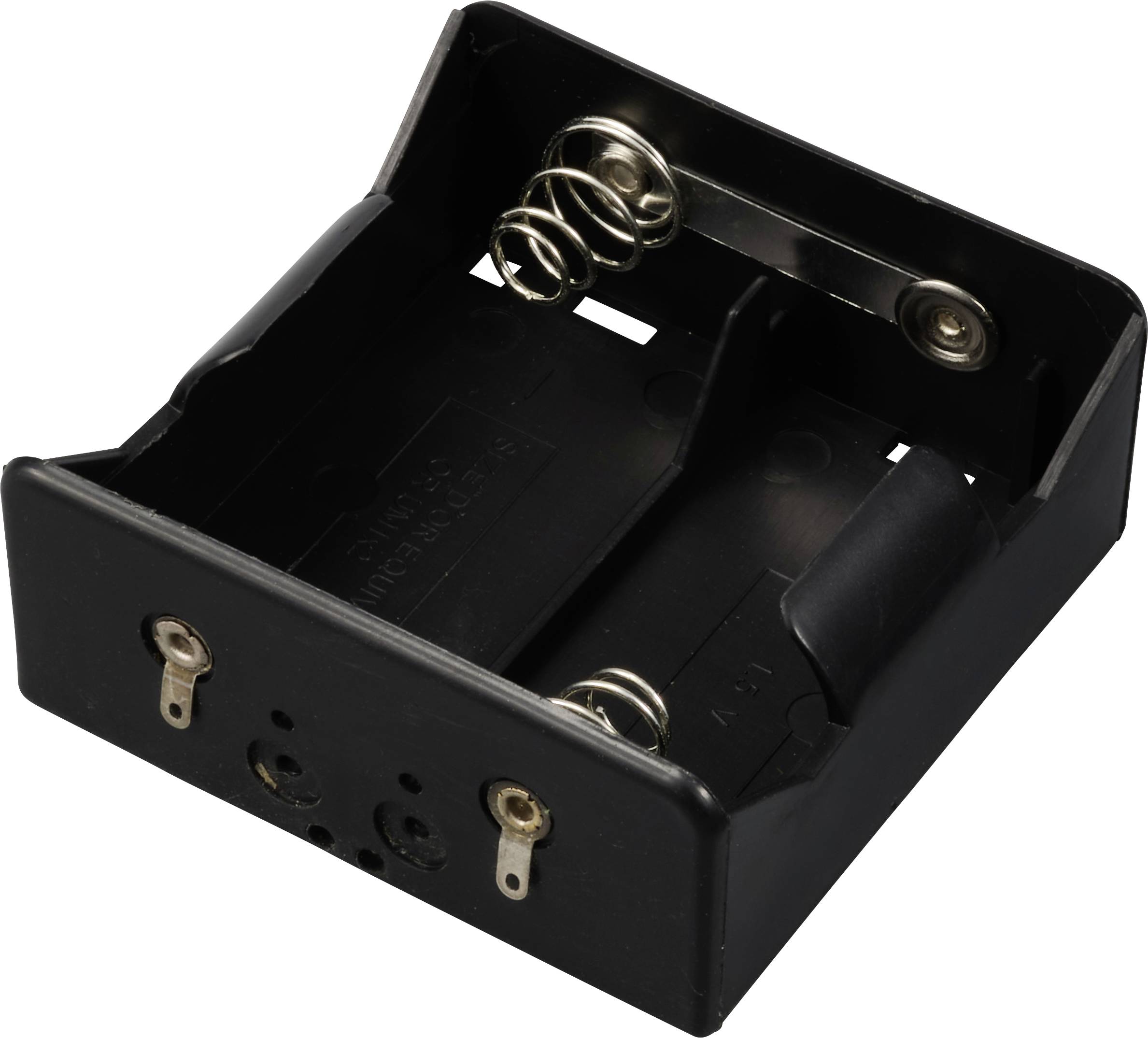 Vano batteria nero per due batterie AA, con molle metalliche e connettori per l'alimentazione elettrica.