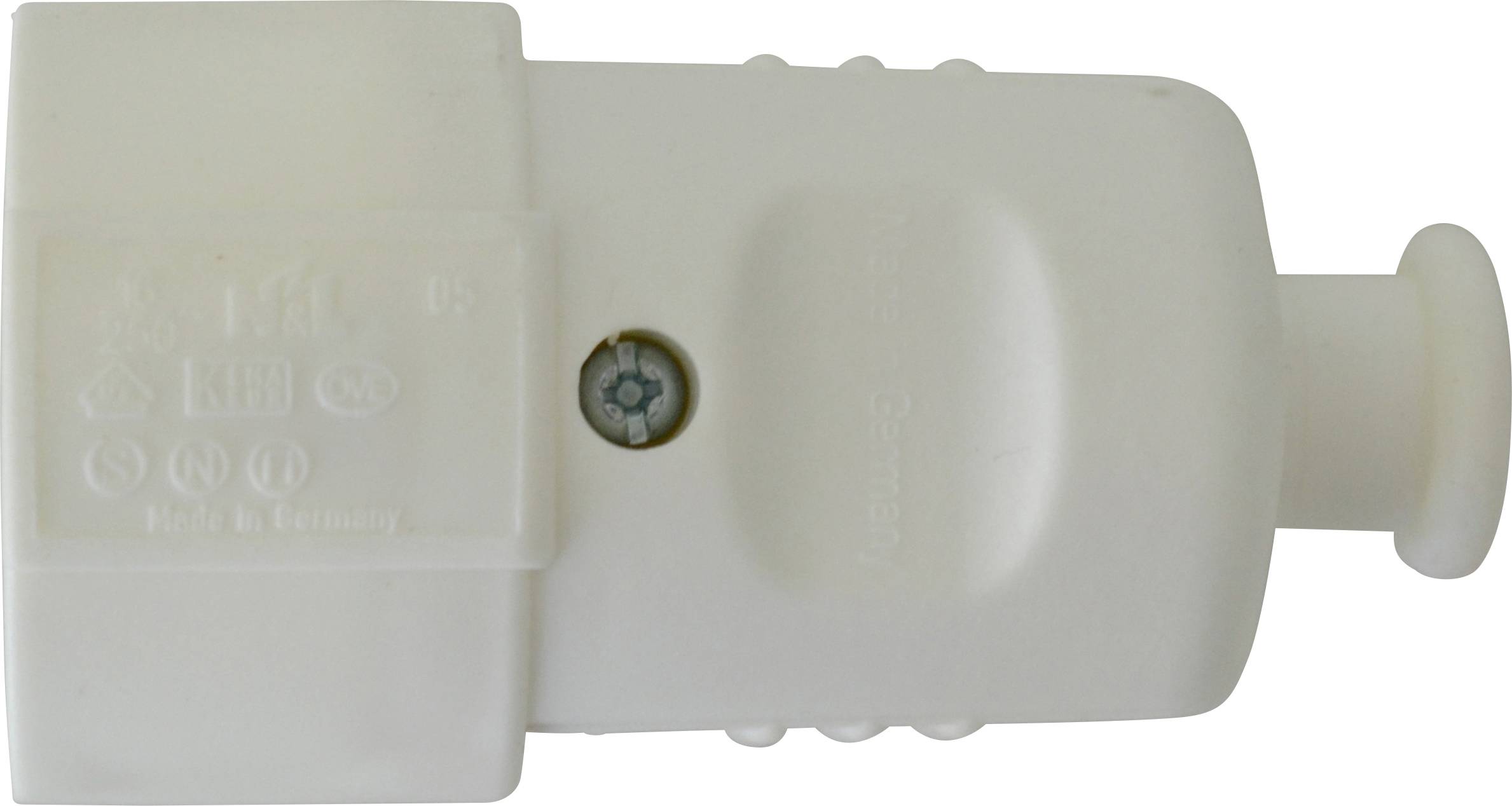 Raccordo elettrico bianco con fissaggio a vite. Contrassegnato lateralmente con la scritta 'Made in Germany'.