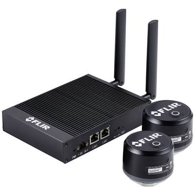 Un dispositivo FLIR nero con due antenne e due sensori rotondi. Dispone di connettori Ethernet e due porte LAN sul lato frontale.