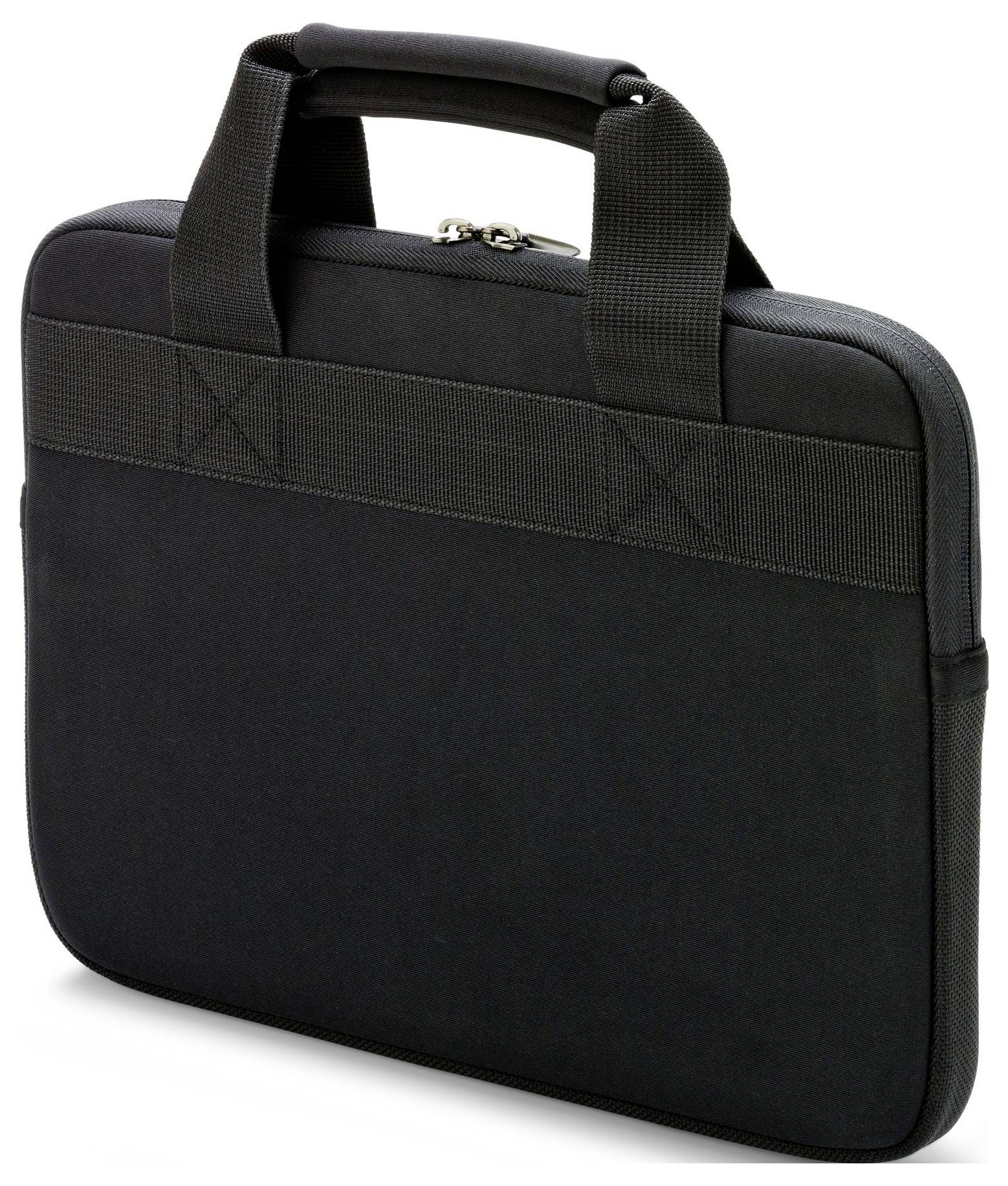 Borsa per laptop nera con due manici, chiusura lampo superiore, imbottita per la protezione, design essenziale.