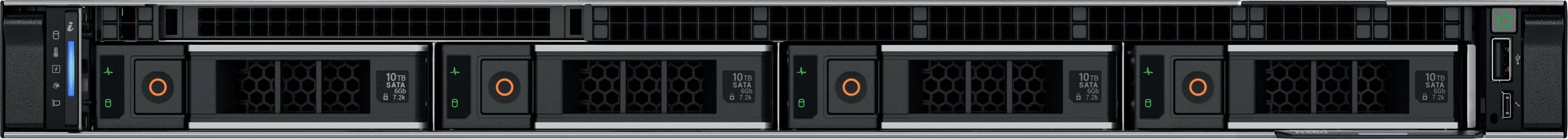 Un rack server con più alloggiamenti per hard disk, ciascuno contrassegnato da un punto arancione, illuminato e pronto all'uso.