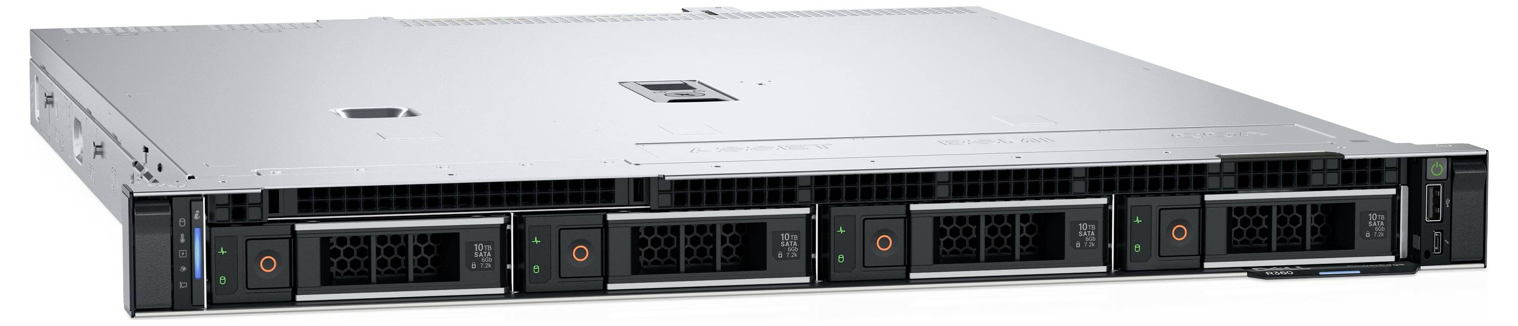 Un server argento in formato rack con quattro vani per dischi rigidi e aperture di ventilazione, adatto per data center o uffici.